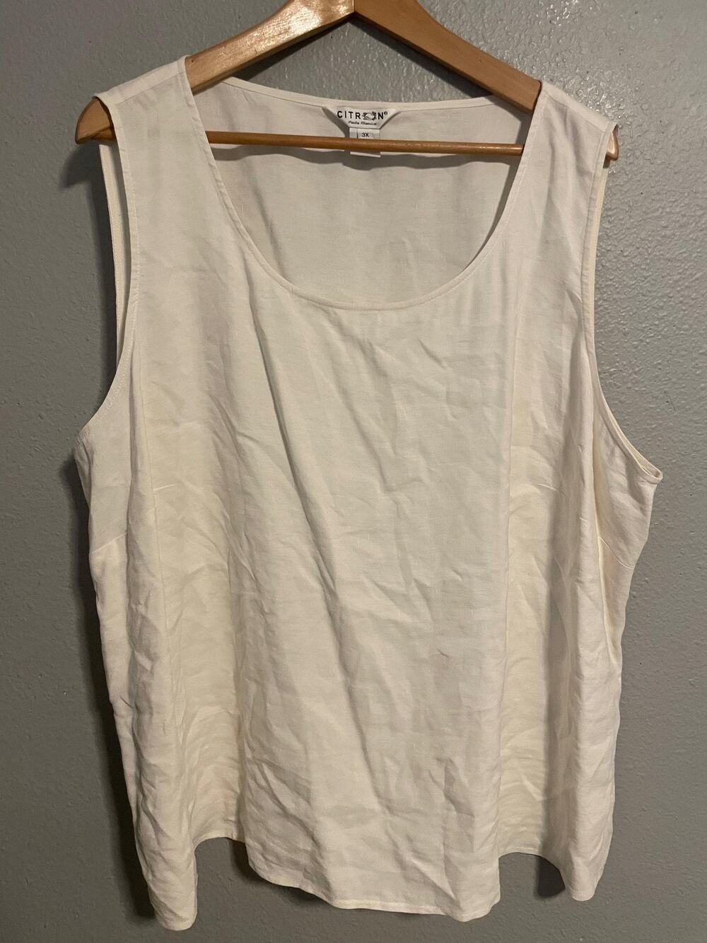 Citron Santa Monica Tank Top Womens 3X White Silk Linen Scoop Neck Lightweight